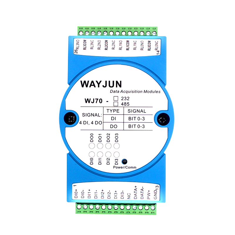 WJ70系列 四路DI四路繼電器輸出，RS-485/232數(shù)據(jù)采集遠(yuǎn)程IO模塊
